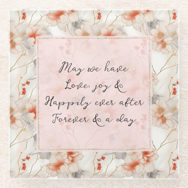 Beautiful Peach Red Floral Romantic Wedding Glass Coaster (Front)