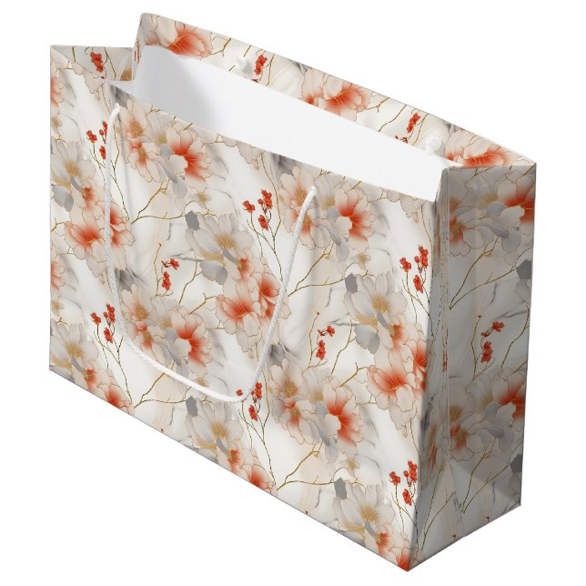 Beautiful Peach Red White Floral Large Gift Bag (Front Angled)