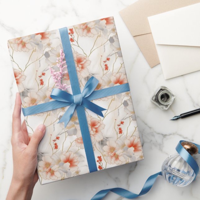 Beautiful Peach Red White Floral Wrapping Paper (Gifting)