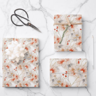 Beautiful Peach Red White Floral Wrapping Paper Sheet