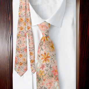 Beautiful Peach Summer Floral Watercolor Tie