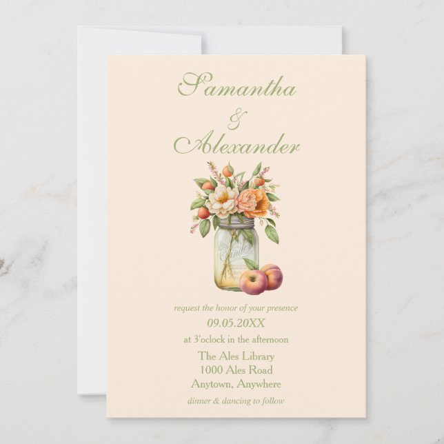 Beautiful Peach Themed Mason Jar Wedding Invitation (Front)