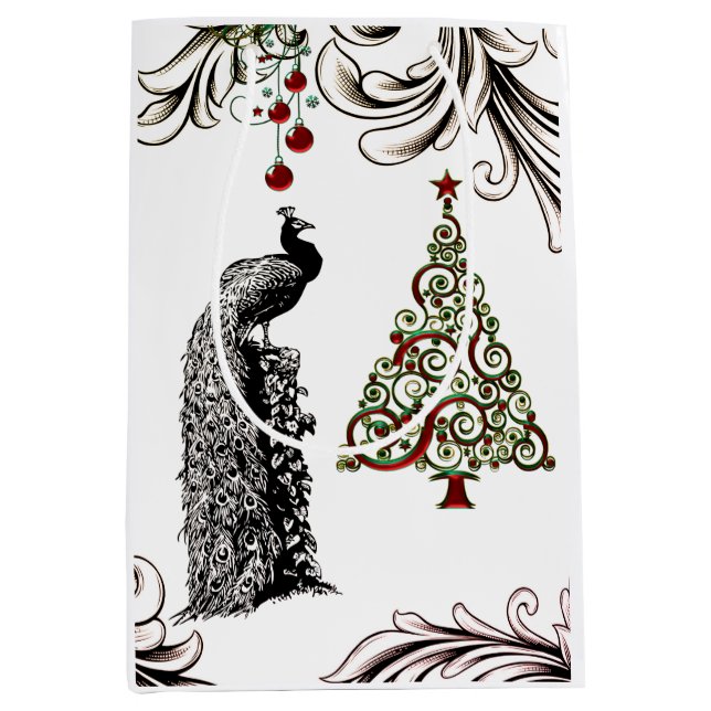 Beautiful Peacock and Christmas Tree Holiday Medium Gift Bag (Front)