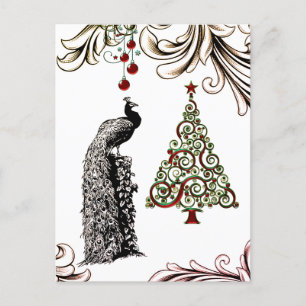 Beautiful Peacock and Christmas Tree Holiday Postcard