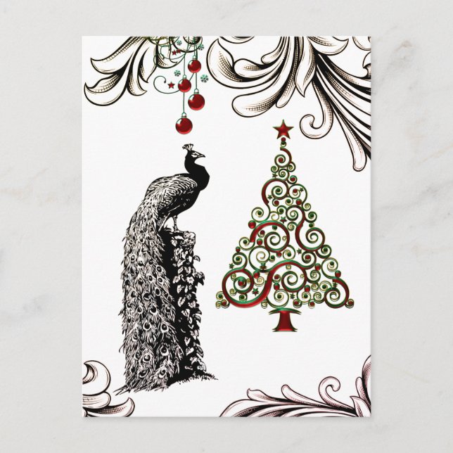 Beautiful Peacock and Christmas Tree Thank You Holiday Postcard (Front)