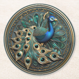 Beautiful Peacock Blue Gold Turquoise Art Deco Round Paper Coaster