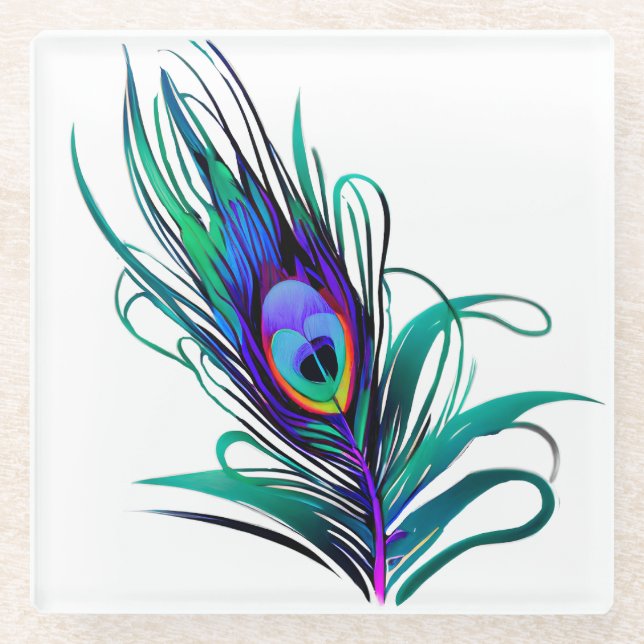 Beautiful Peacock Feather Glass Coaster (Front)