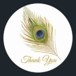 Beautiful peacock feather golden Thank You Classic Round Sticker<br><div class="desc">Beautiful peacock feather golden Thank You Sticker.</div>