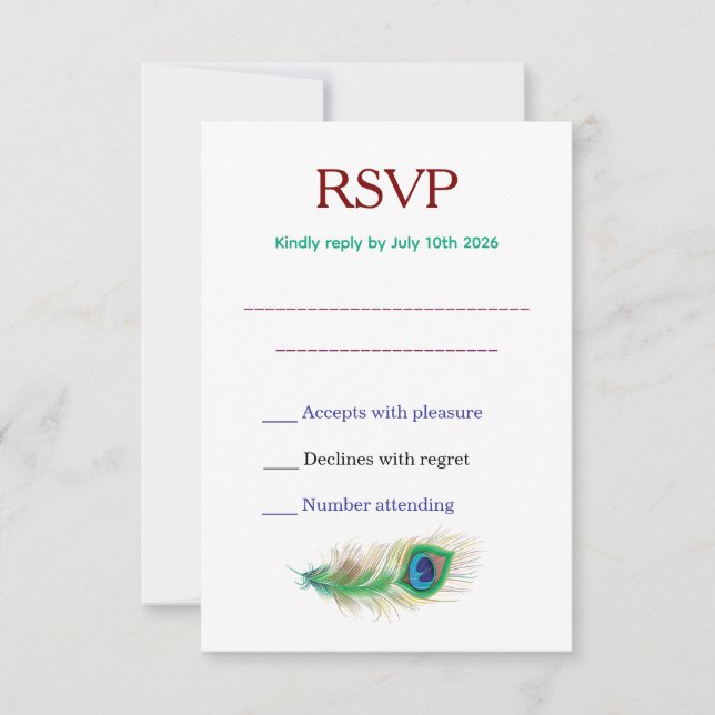Beautiful Peacock Feather Wedding RSVP Card (Front)