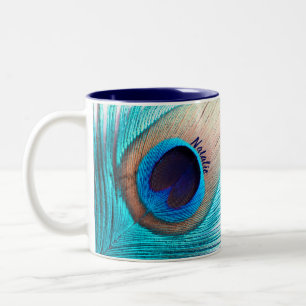 Beautiful Peacock Feather with Name   Two-Tone Coffee Mug