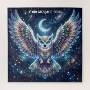 Beautiful Peacock feathered owl at night Jigsaw Puzzle