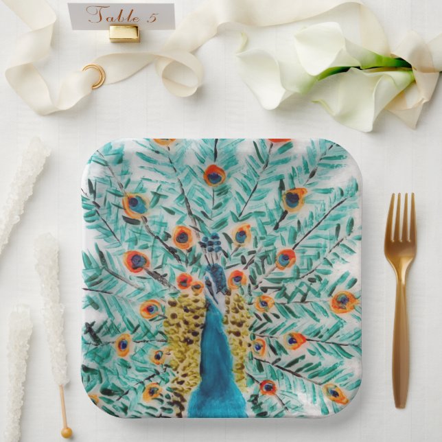 Beautiful Peacock Feathers Peafowl Paper Plate (Wedding)