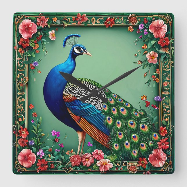 Beautiful peacock floral background square wall clock (Front)