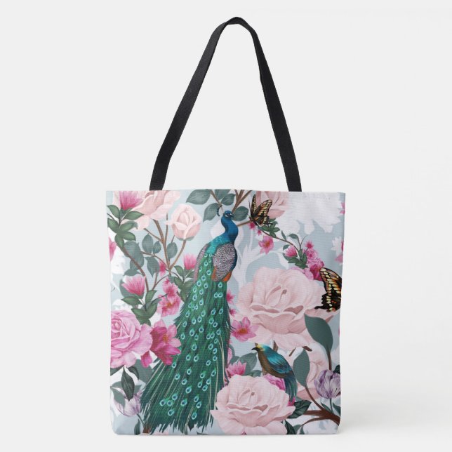 Beautiful Peacock Floral Fashion Tote Bag (Front)