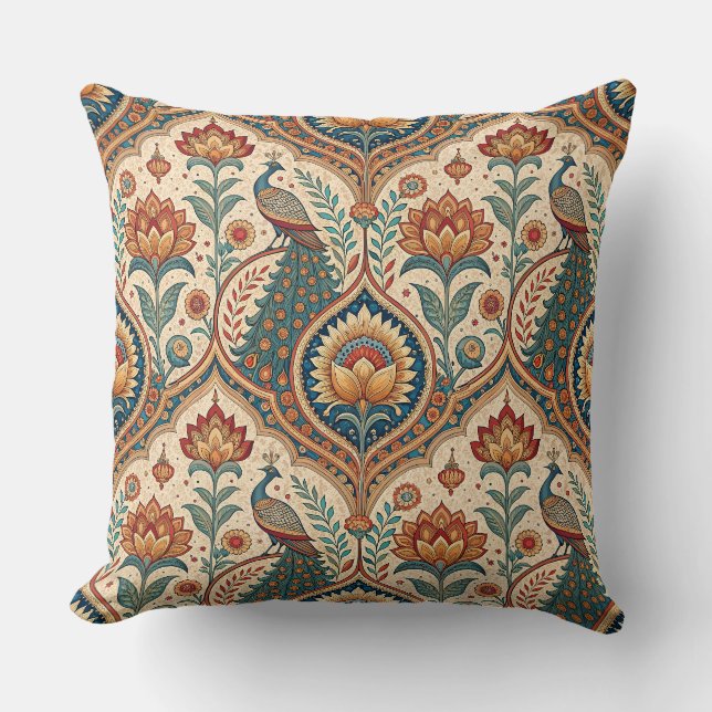 Beautiful Peacock & Indian Floral Pattern Artwork Cushion (Front)
