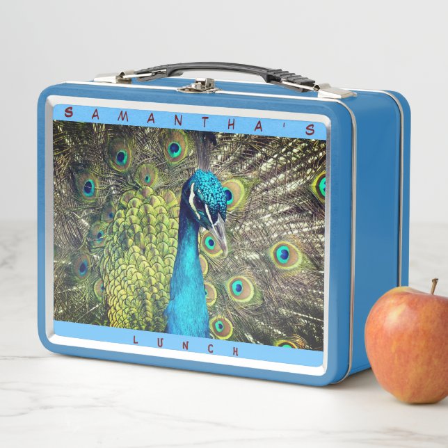 Beautiful Peacock (Personalise Name)  Metal Lunch Metal Lunch Box (In Situ)