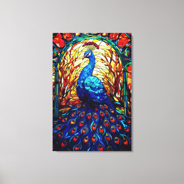 Beautiful Peacock Stained Glass Wildlife Art Canvas Print (Front)