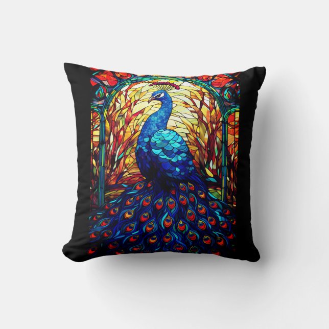 Beautiful Peacock Stained Glass Wildlife Art Cushion (Front)