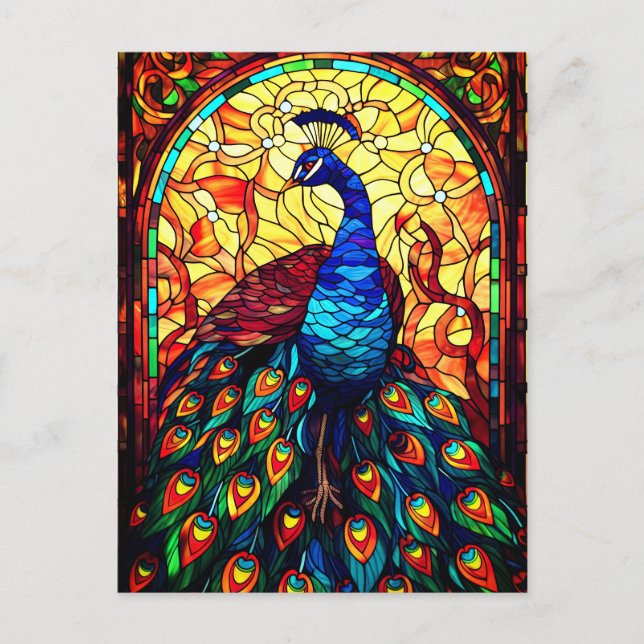Beautiful Peacock Stained Glass Wildlife Art Postcard (Front)