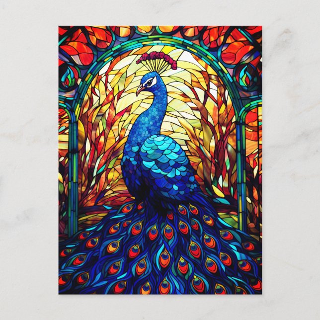Beautiful Peacock Stained Glass Wildlife Art Postcard (Front)