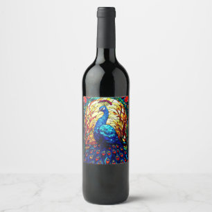 Beautiful Peacock Stained Glass Wildlife Art Wine Label