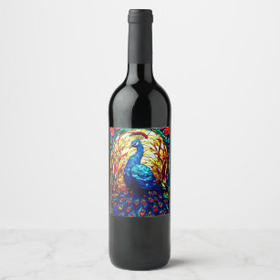 Beautiful Peacock Stained Glass Wildlife Art Wine Label