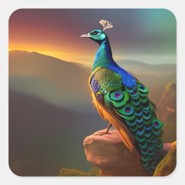 Beautiful Peacock Welcomes the Day Square Sticker (Front)