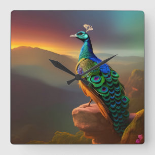Beautiful Peacock Welcomes the Day Square Wall Clock