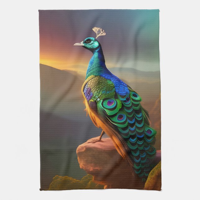 Beautiful Peacock Welcomes the Day  Tea Towel (Vertical)