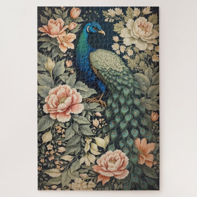 Beautiful Peacock William Morris Inspired Floral  Jigsaw Puzzle (Vertical)