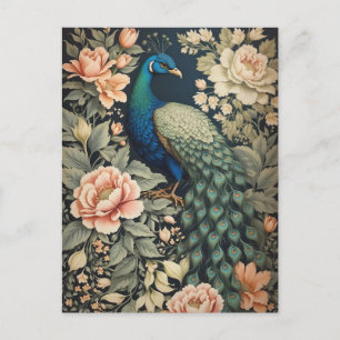 Beautiful Peacock William Morris Inspired Floral Postcard