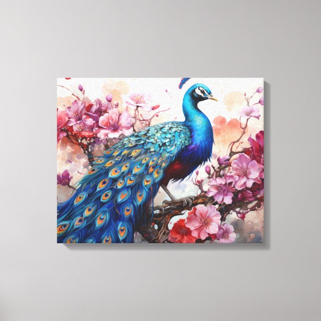 Beautiful Peacock with Flowers Canvas Print (Front)