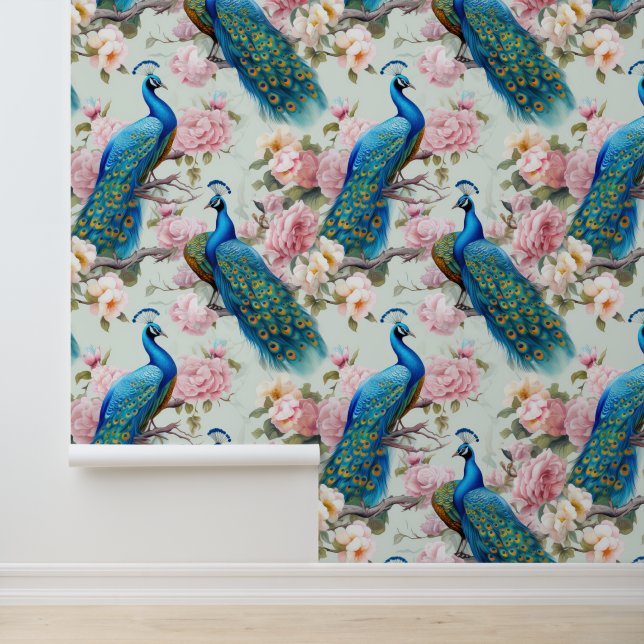 Beautiful Peacocks Pink Flowers Peel And Stick Wallpaper (Application)