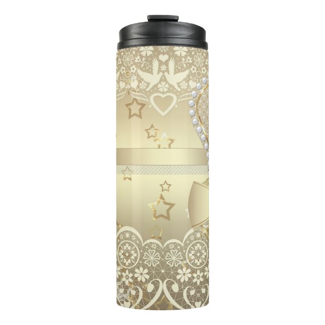 Beautiful pearl beads glitter lace golden heart bo thermal tumbler (Front)
