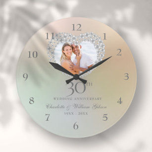 Beautiful Pearl Heart Photo 30th Anniversary Large Clock
