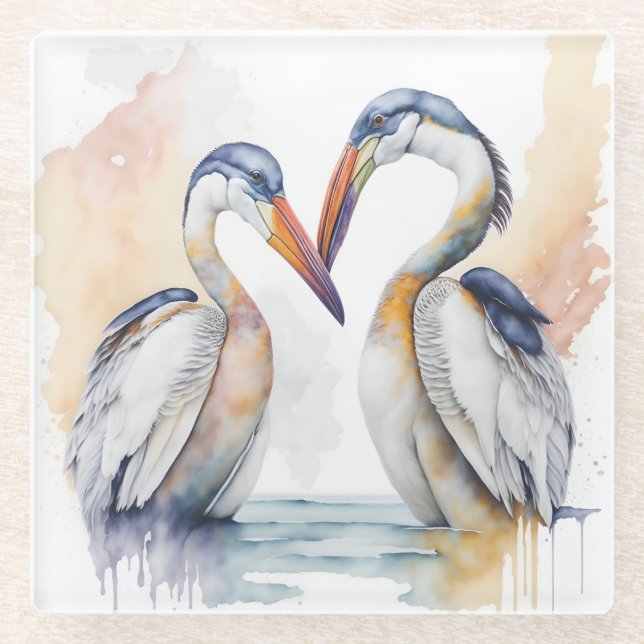 Beautiful Pelican Couple, Pelican Love Bonds Glass Coaster (Front)