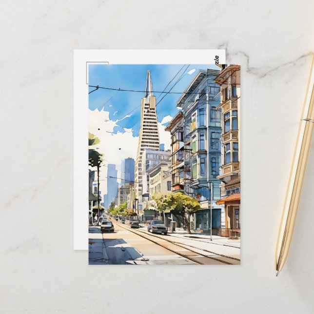Beautiful pen and ink sketch of San Francisco Postcard (Front/Back In Situ)