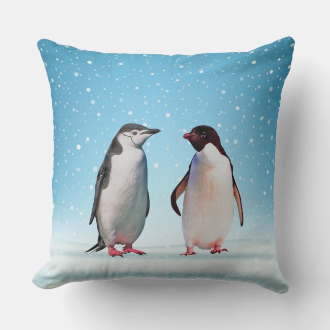 Beautiful Penguin Couple on Light Blue Cushion (Front)