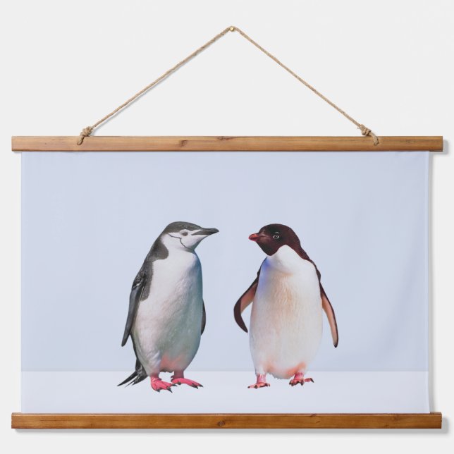 Beautiful  Penguin Couple on Light Periwinkle Blue Hanging Tapestry (Front)