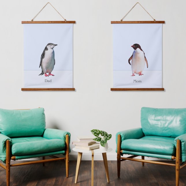 Beautiful  Penguin Couple on Light Periwinkle Blue Hanging Tapestry (Living Room)