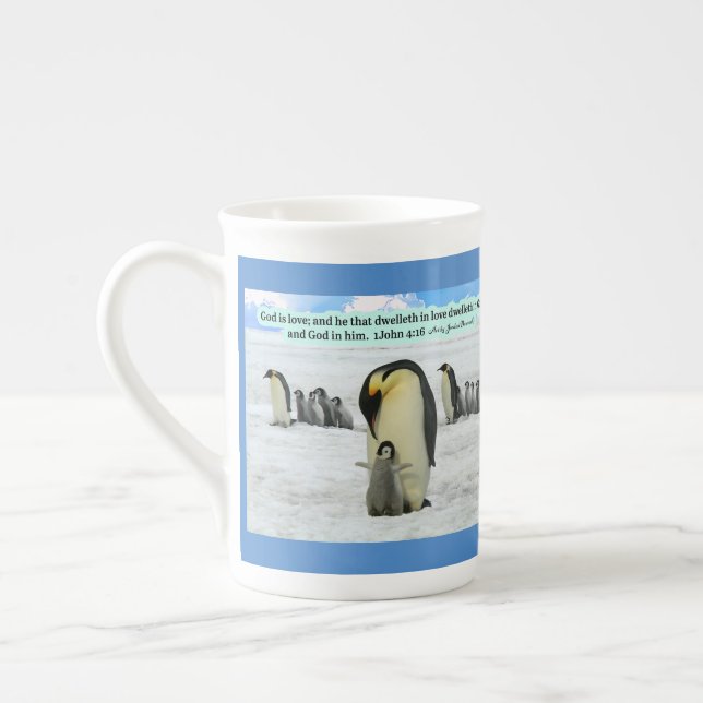 Beautiful Penguin Scripture 1 John 4:16 Bone China Mug (Left)