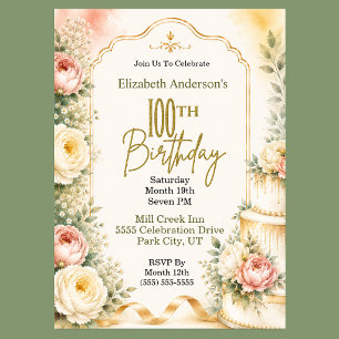 Beautiful Peony 100th Birthday Party Invitation