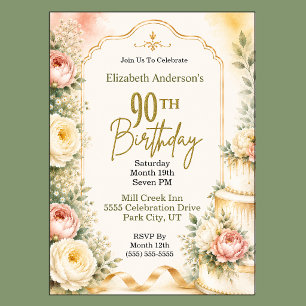 Beautiful Peony 90th Birthday Party Invitation