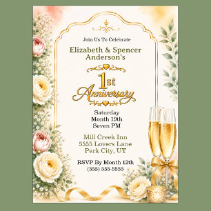 Beautiful Peony Champagne 1st Anniversary Party Invitation