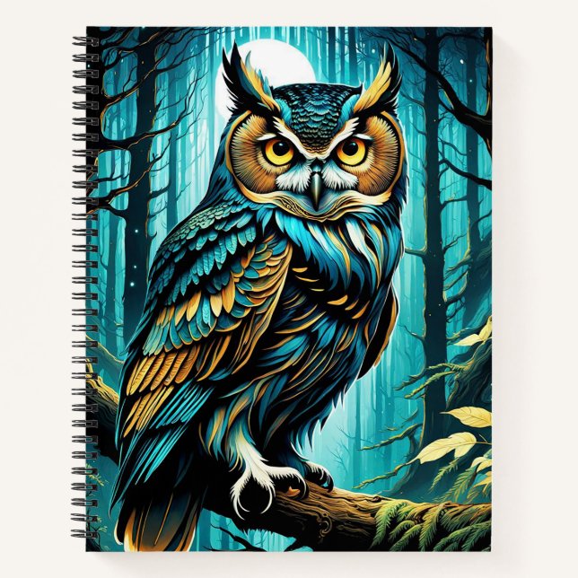 Beautiful Perched Owl with Trees and Full Moon Notebook (Front)