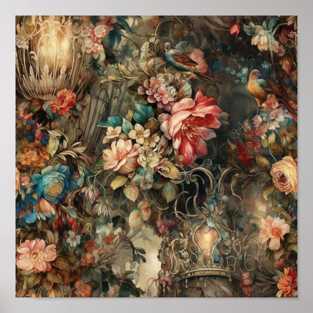 Beautiful Period Rococo Birds And Flowers Poster (Front)