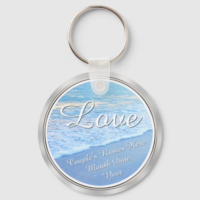 Beautiful Personalised Beach Wedding Favours Key Ring (Front)