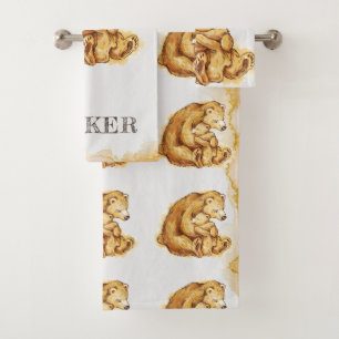 Beautiful Personalised Bear watercolor Bath Towel Set