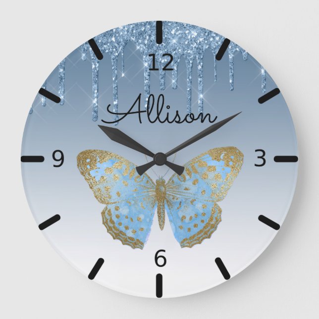 Beautiful Personalised Blue Butterfly Large Clock (Front)