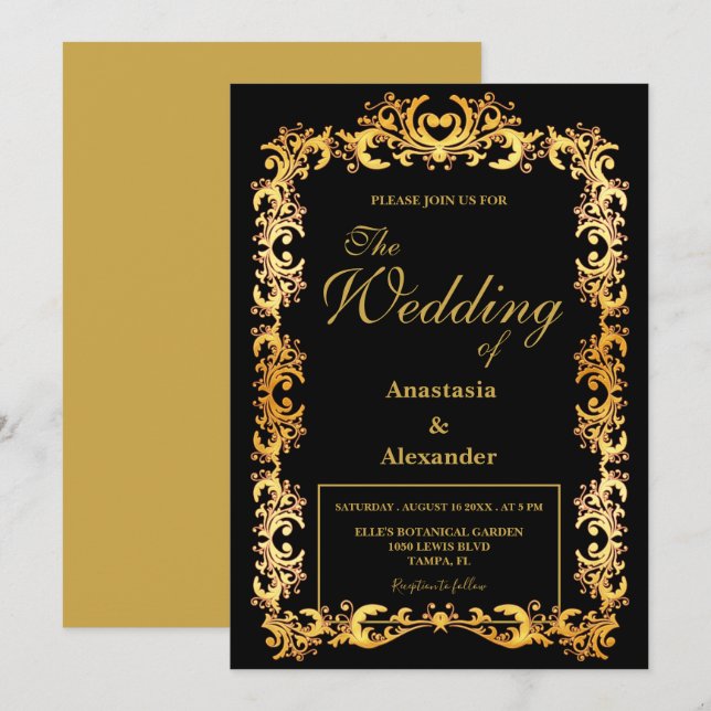 Beautiful Personalised  Gold Frame Wedding Invitation (Front/Back)